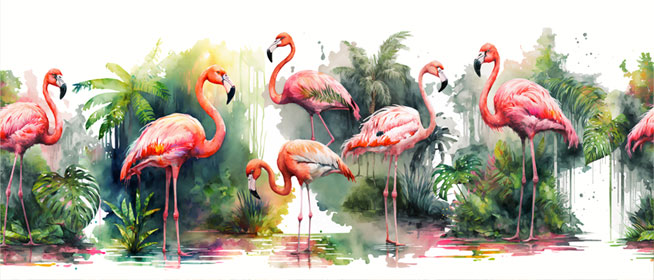 Papel pintado vinilo paisaje tropical con flamingos